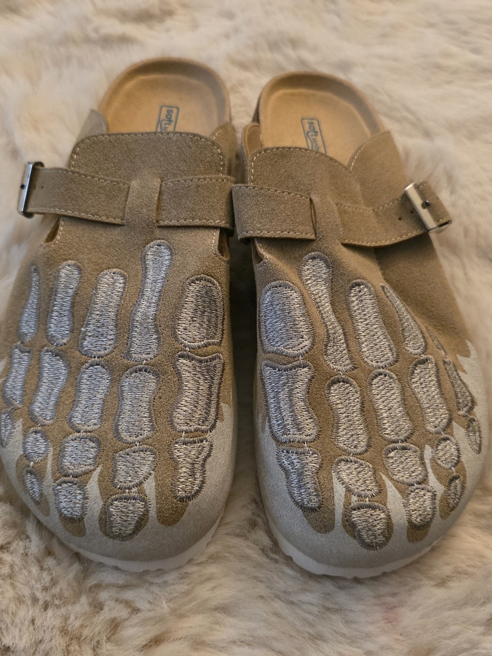 Blawstand Beige Suede Clog Mules with Silver Embroidered Bone Design